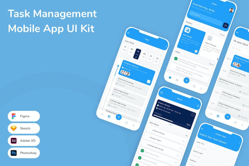 任务管理移动应用APP UI KIT (SKETCH,FIG,XD,PSD)