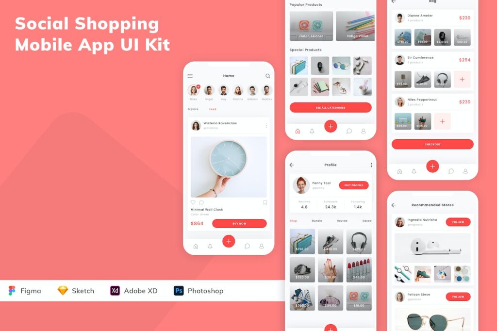 社交购物手机应用APP UI KIT (SKETCH,FIG,XD,PSD)