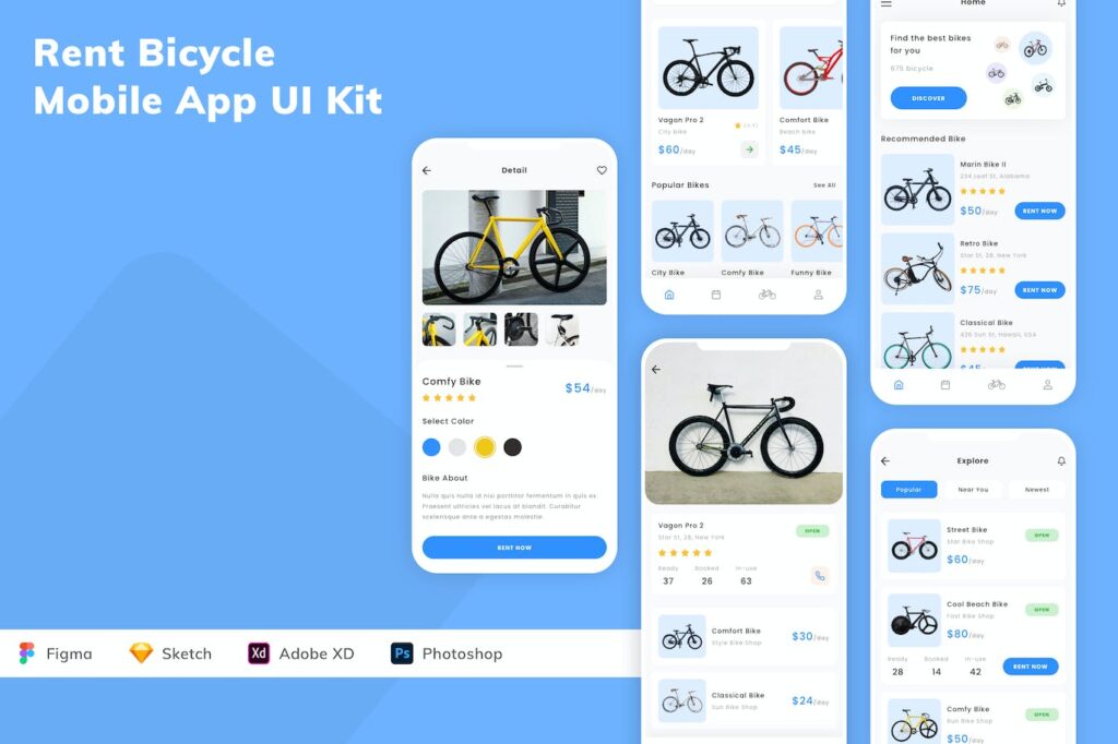 自行车租赁手机应用APP UI KIT (SKETCH,FIG,XD,PSD)