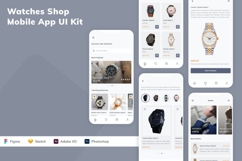 手表电商商店移动应用APP UI KIT (SKETCH,FIG,XD,PSD)