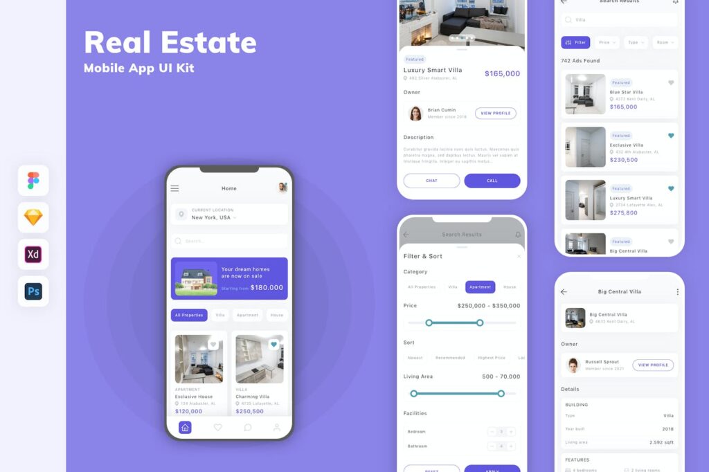 房地产移动应用APP UI KIT (SKETCH,FIG,XD,PSD)