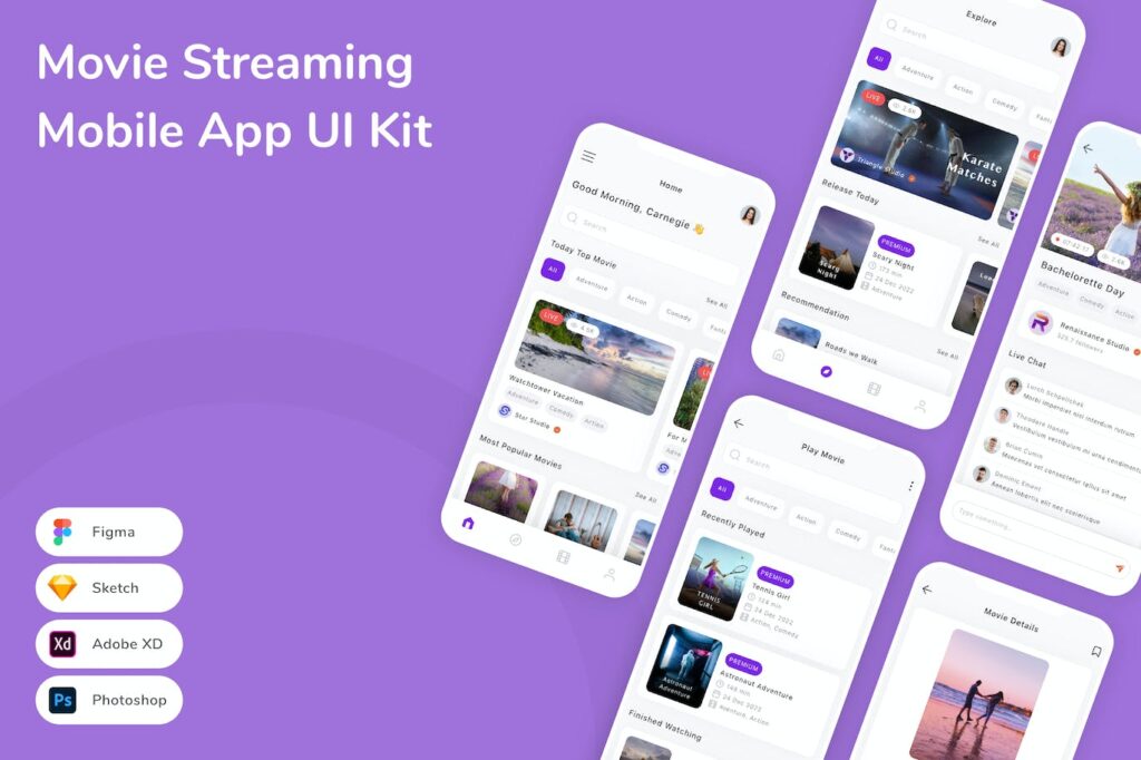 电影流媒体移动应用APP UI KIT (FIG,PSD,SKETCH,XD)