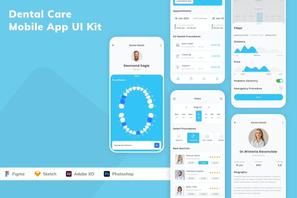 牙科护理移动应用APP UI KIT (SKETCH,FIG,XD,PSD)