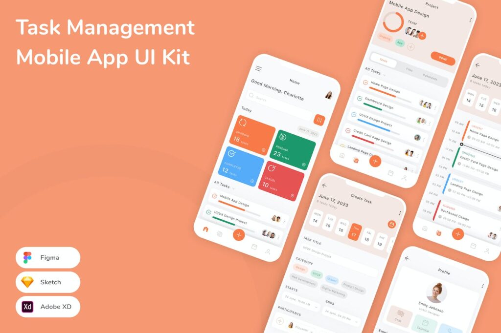 任务管理移动应用App UI Kit (SKETCH,FIG,XD)