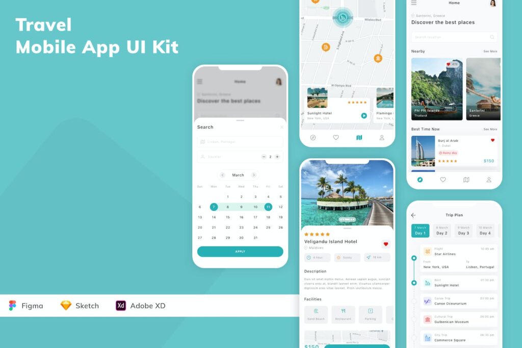 旅游移动应用APP UI KIT (SKETCH,FIG,XD)