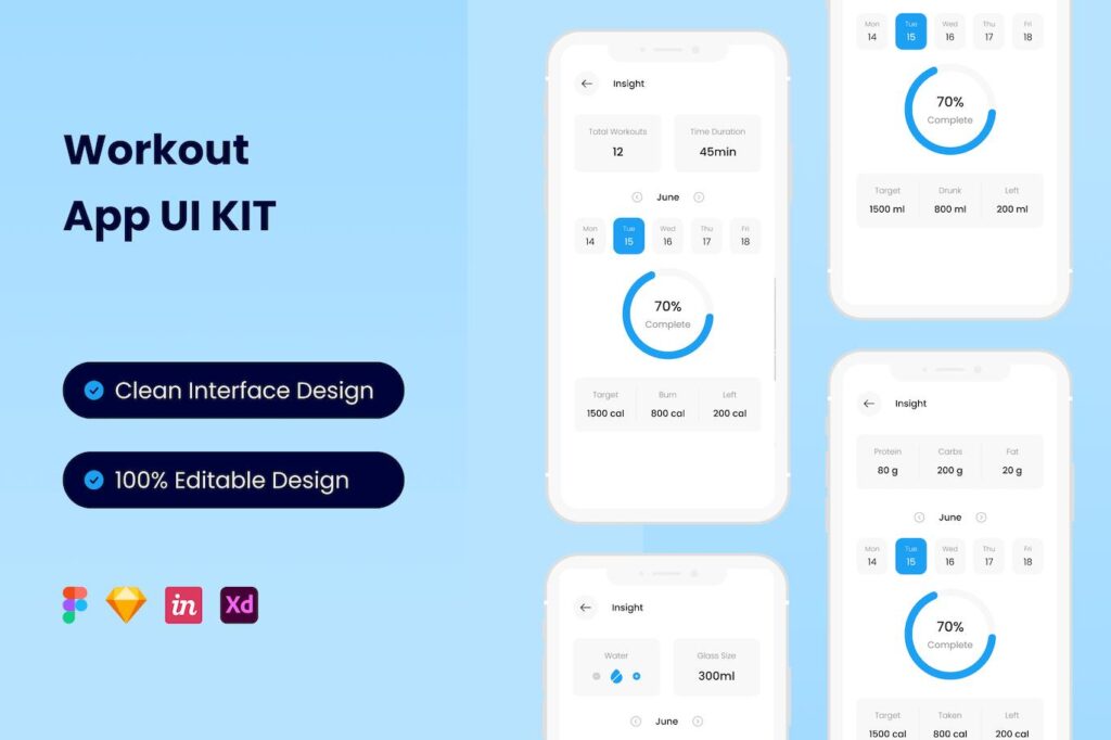 运动锻炼手机应用 App UI Kit (FIG,SKETCH,XD)