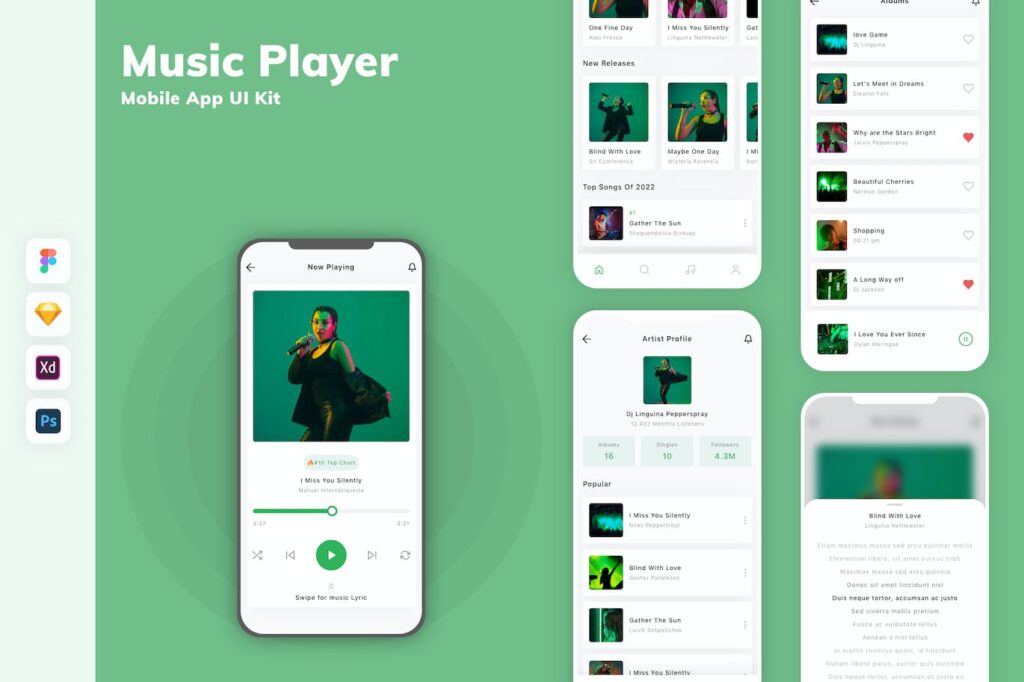 音乐播放器移动应用App UI Kit (SKETCH,FIG,XD,PSD)