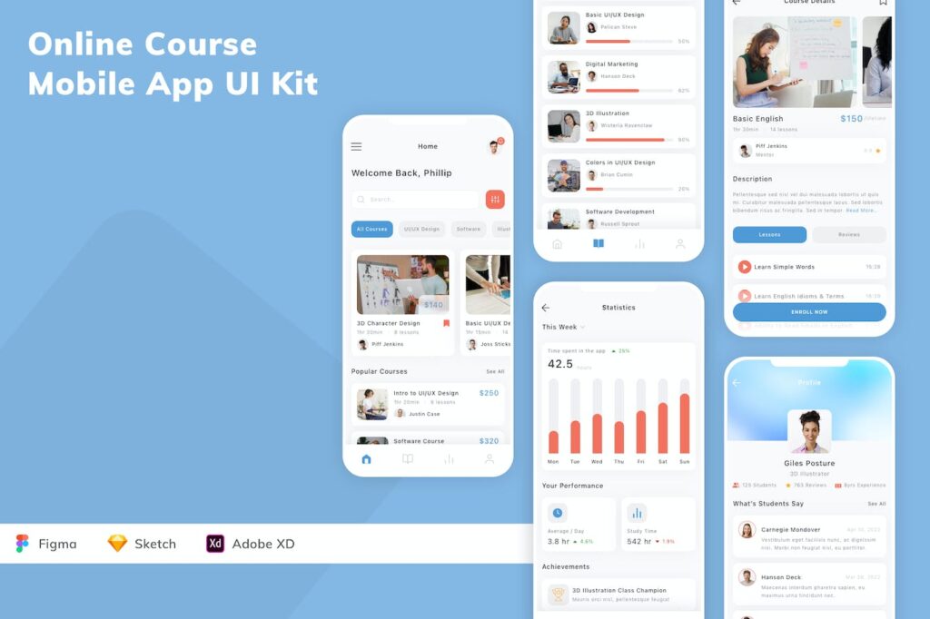 在线课程手机应用App UI Kit (SKETCH,FIG,XD)