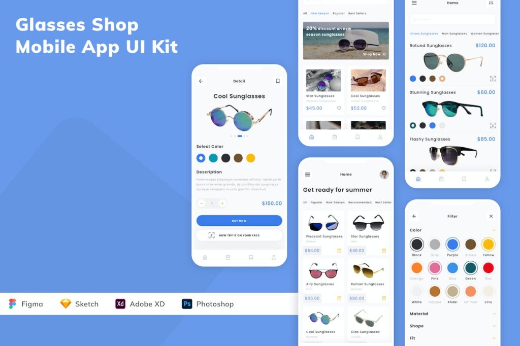 眼镜店电商移动应用APP UI KIT (SKETCH,FIG,XD,PSD)