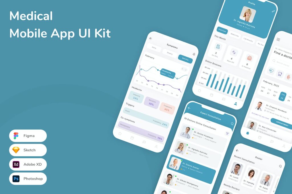 医疗移动应用APP UI KIT (SKETCH,FIG,XD,PSD)