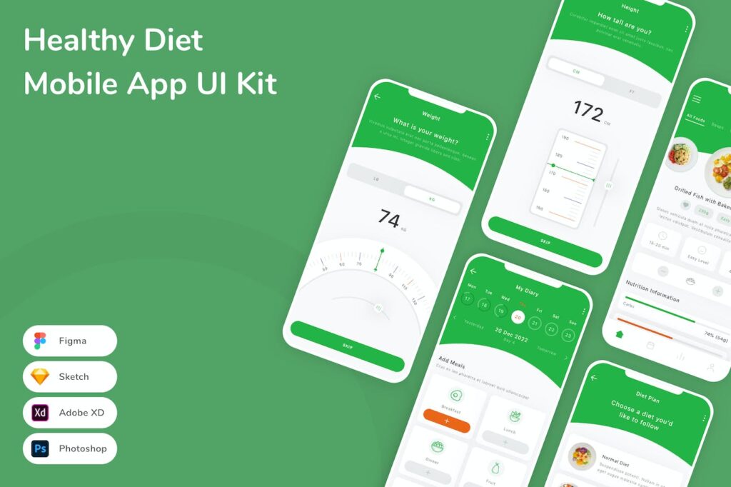 健康饮食移动应用APP UI KIT (FIG,PSD,SKETCH,XD)