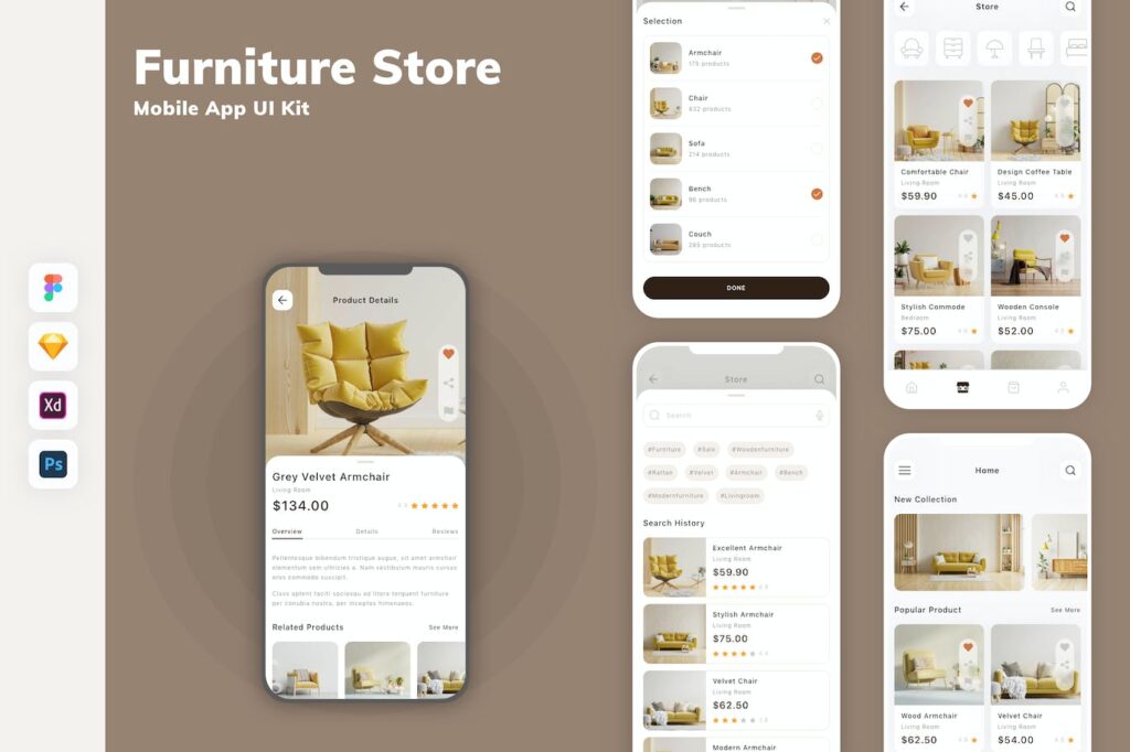 家具商店移动APP UI KIT (SKETCH,FIG,XD,PSD)