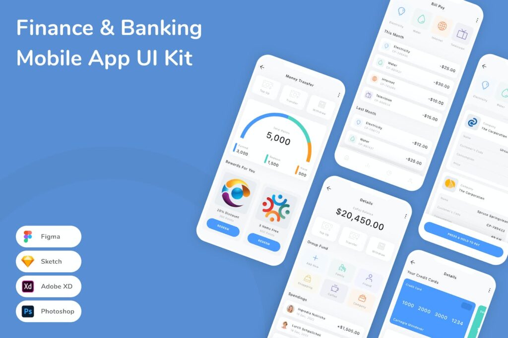 金融和银行移动应用APP UI KIT (FIG,PSD,SKETCH,XD)