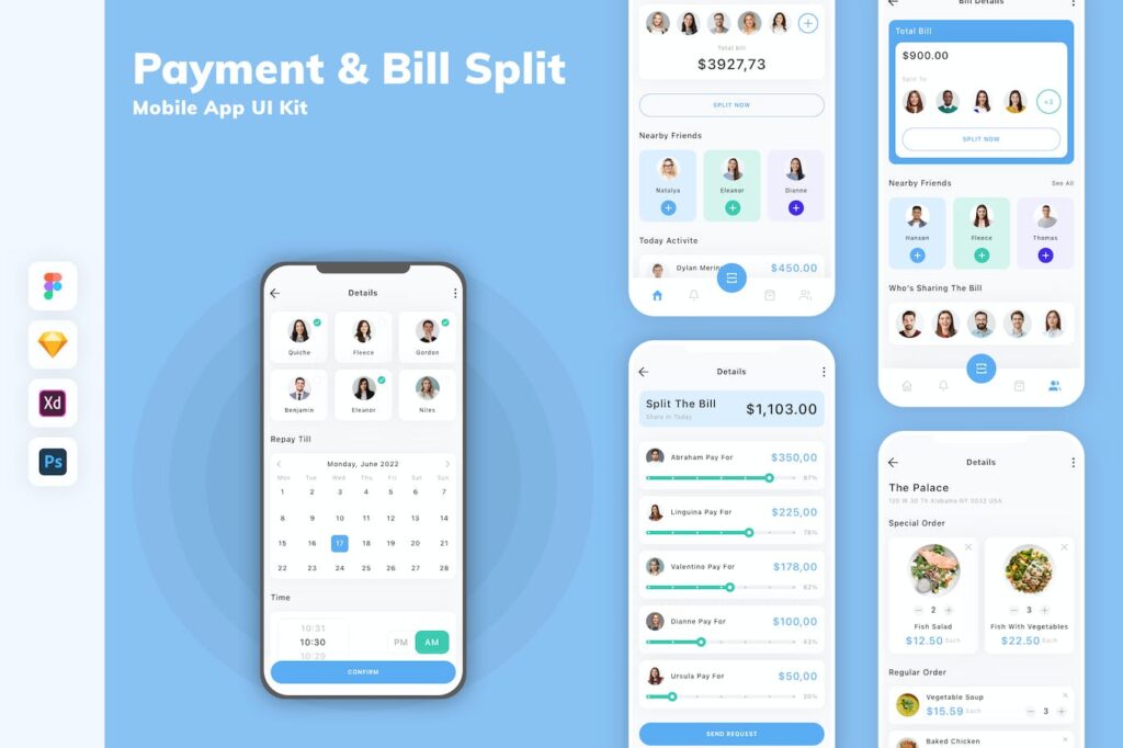 支付和账单拆分移动应用App UI Kit (SKETCH,FIG,XD,PSD)