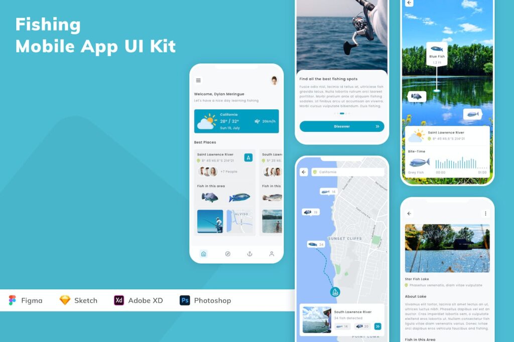 钓鱼活动手机应用APP UI KIT (SKETCH,FIG,XD,PSD)