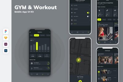 健身房和健身手机应用APP UI KIT (FIG,PSD,SKETCH,XD)