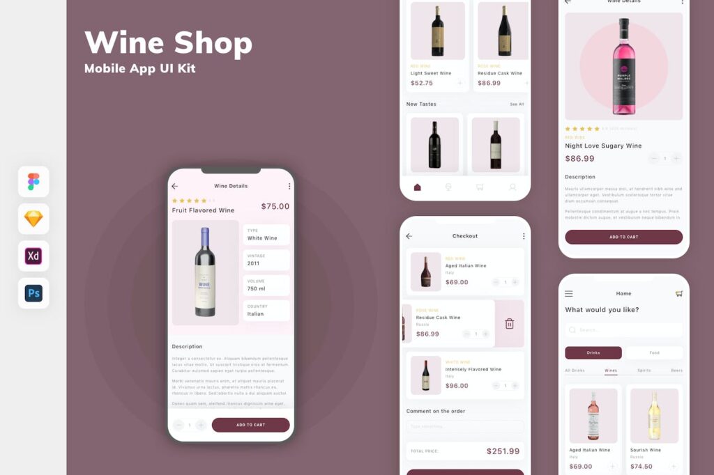 卖酒电商手机应用APP UI KIT (SKETCH,FIG,XD,PSD)