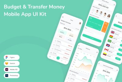 预算和转账移动应用App UI Kit (FIG,PSD,SKETCH,XD)