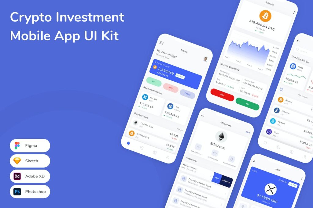 加密货币投资管理移动应用APP UI KIT (FIG,PSD,SKETCH,XD)