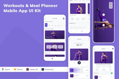 健身和膳食计划移动应用APP UI KIT (FIG,PSD,SKETCH,XD)