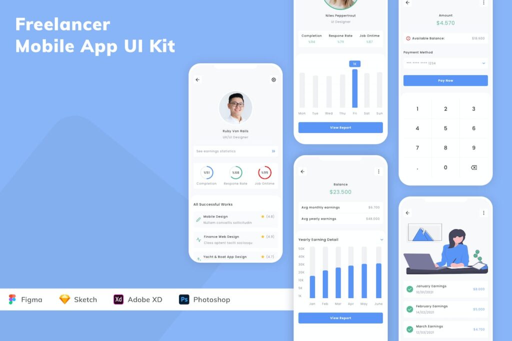 自由职业者移动应用APP UI KIT (SKETCH,FIG,XD,PSD)