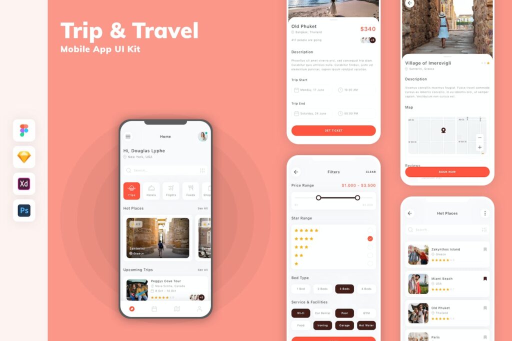 旅行和旅行移动应用APP UI KIT (FIG,PSD,SKETCH,XD)