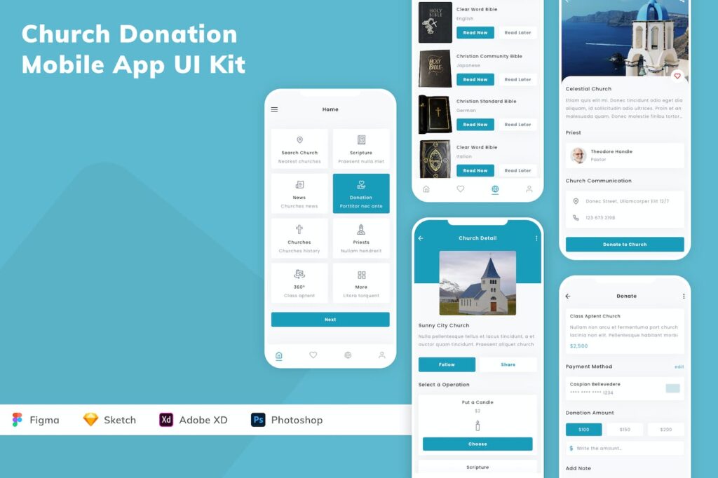 教会捐赠移动应用APP UI KIT (SKETCH,FIG,XD,PSD)