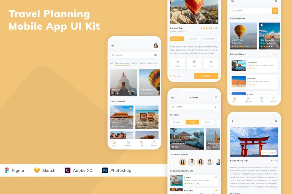 旅行计划移动应用APP UI KIT (SKETCH,FIG,XD,PSD)