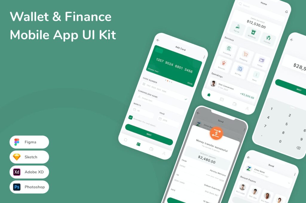 钱包和金融移动应用APP UI KIT (FIG,PSD,SKETCH,XD)