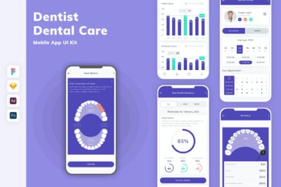 牙医和牙科护理移动应用APP UI KIT (FIG,PSD,SKETCH,XD)