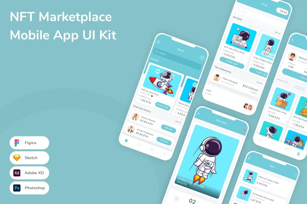 NFT 市场移动应用APP UI KIT (FIG,PSD,SKETCH,XD)