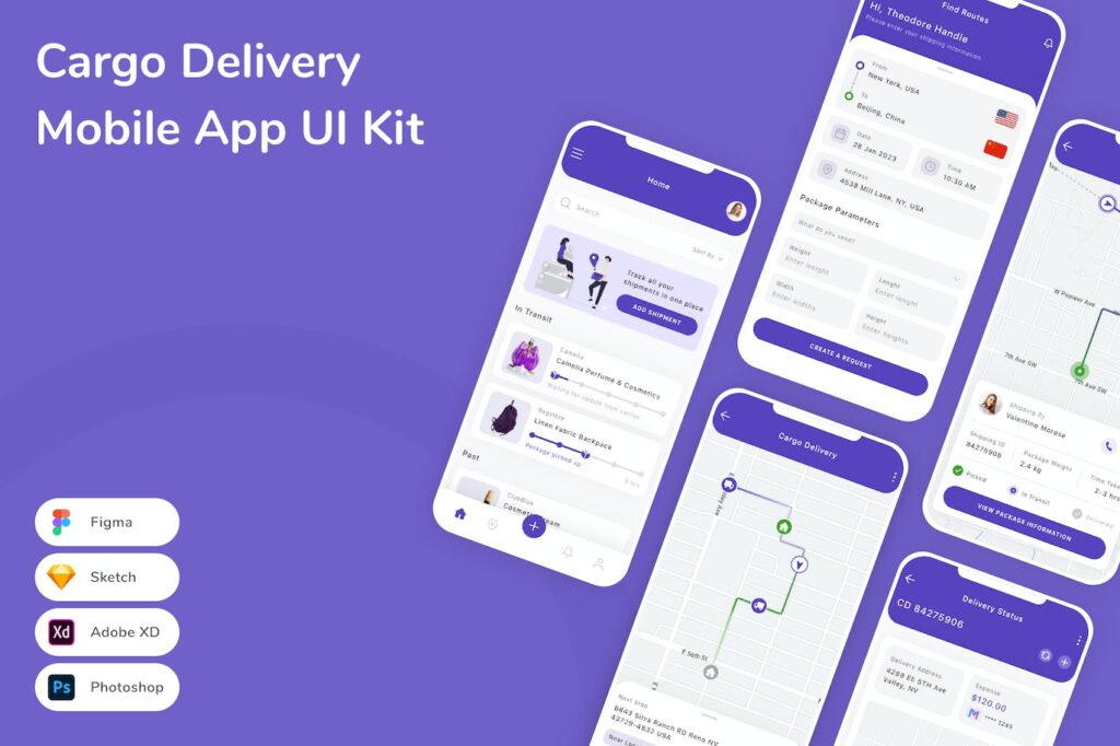 货物交付移动应用APP UI KIT (FIG,PSD,SKETCH,XD)