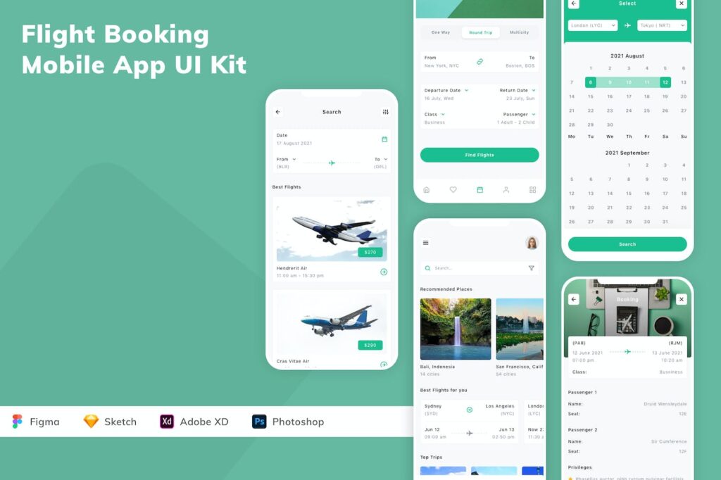 航班预订手机应用APP UI KIT (FIG,SKETCH,XD,PSD)