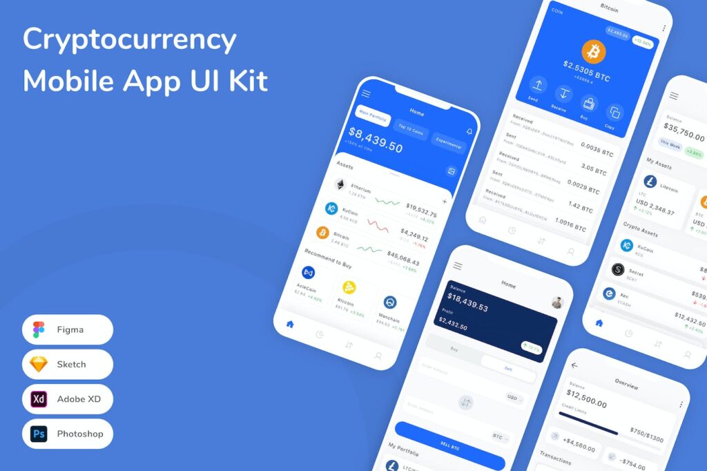 加密货币移动应用APP UI KIT (FIG,PSD,SKETCH,XD)