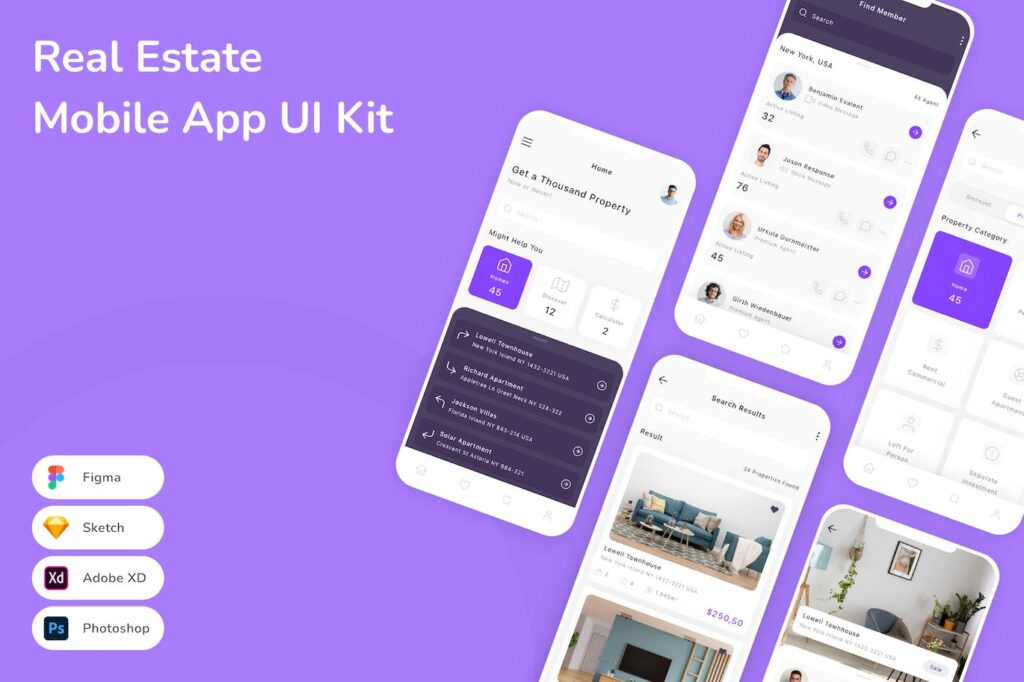 房地产移动应用APP UI KIT (FIG,PSD,SKETCH,XD)