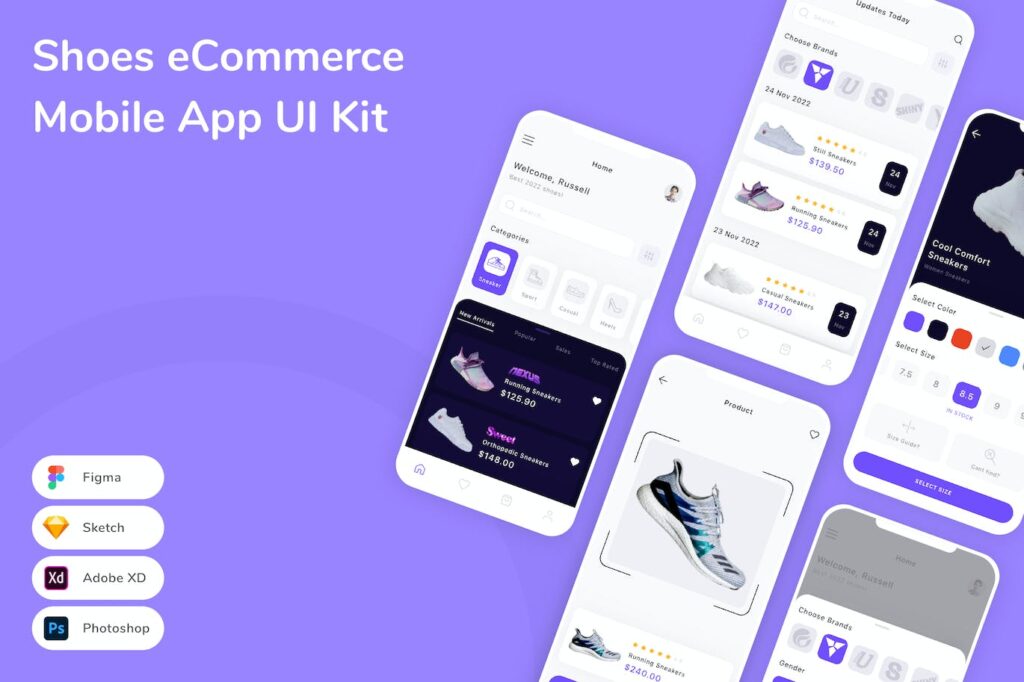 鞋类电子商务移动应用APP UI KIT (FIG,PSD,SKETCH,XD)