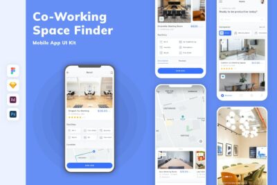 找公共办公空间移动应用APP UI KIT (FIG,PSD,SKETCH,XD)