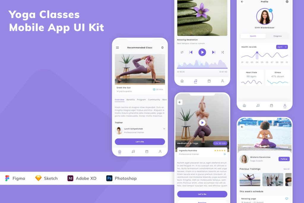 瑜伽课程移动应用APP UI KIT (SKETCH,FIG,XD,PSD)