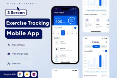 锻炼追踪移动应用App UI Kit (FIG,XD,SKETCH)