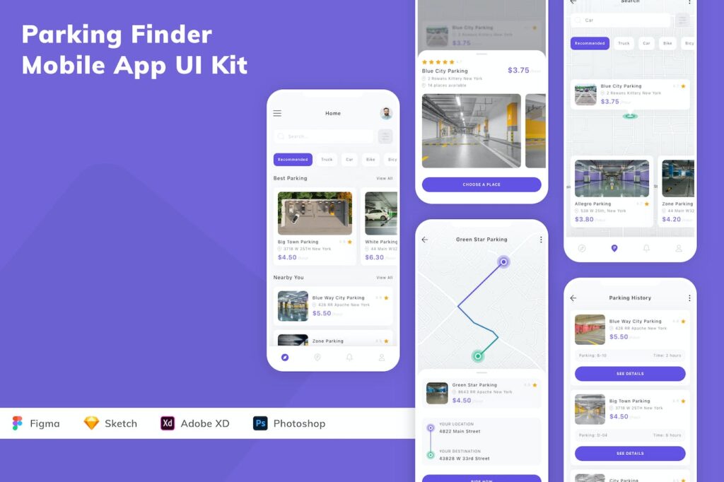 停车查找器移动应用APP UI KIT (FIG,PSD,SKETCH,XD)