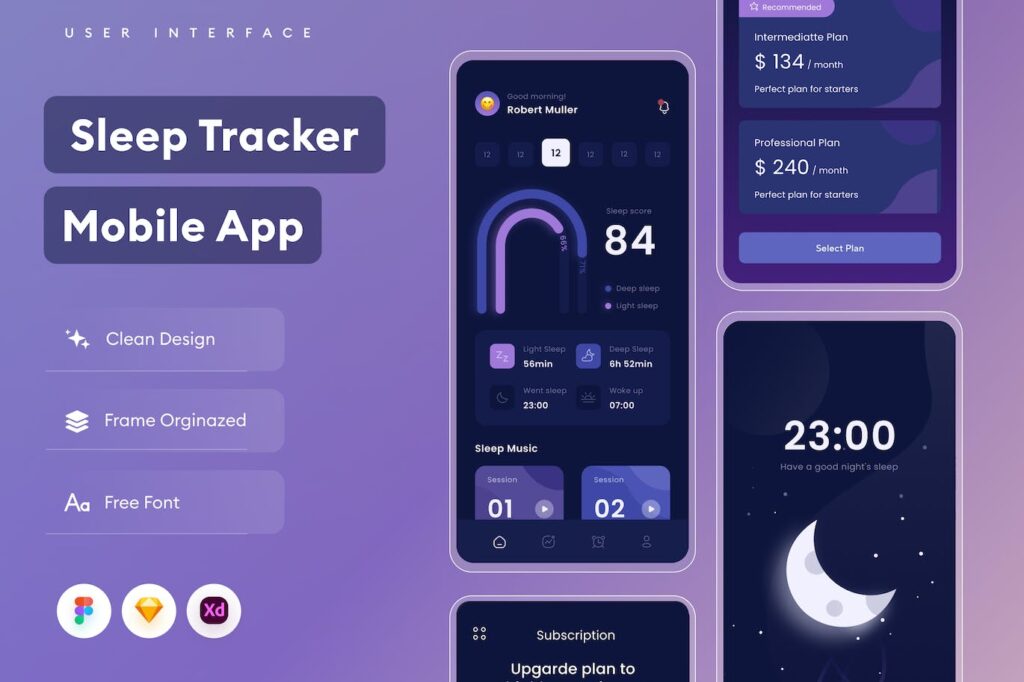 睡眠跟踪器移动应用APP UI KIT (FIG,XD,SKETCH)