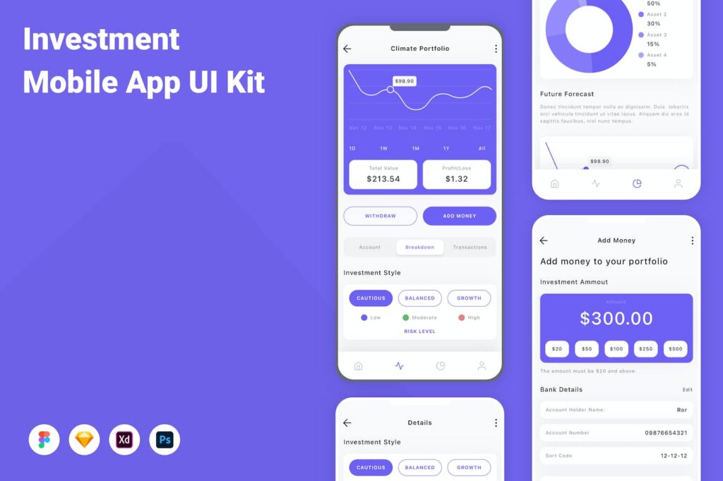 投资移动应用APP UI KIT (FIG,PSD,SKETCH,XD)