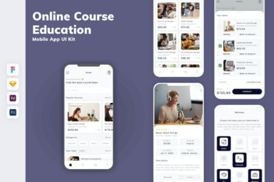 在线课程和教育移动应用APP UI KIT (FIG,PSD,SKETCH,XD)