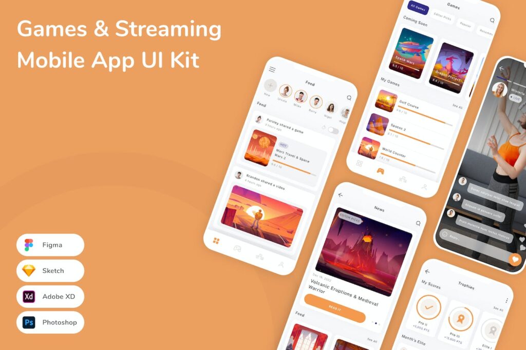 游戏和流媒体移动应用APP UI KIT (FIG,PSD,SKETCH,XD)