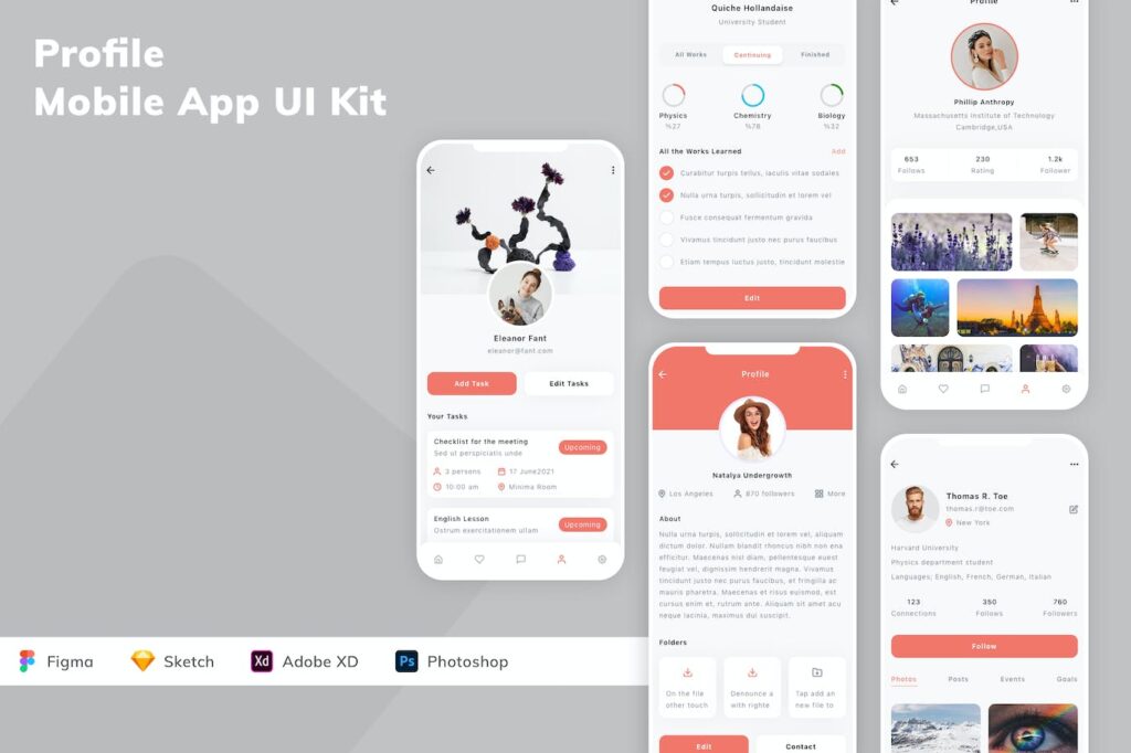 个人中心移动应用APP UI KIT (FIG,SKETCH,XD,PSD)