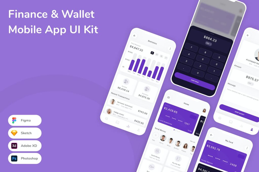 金融和钱包移动应用APP UI KIT (FIG,PSD,SKETCH,XD)