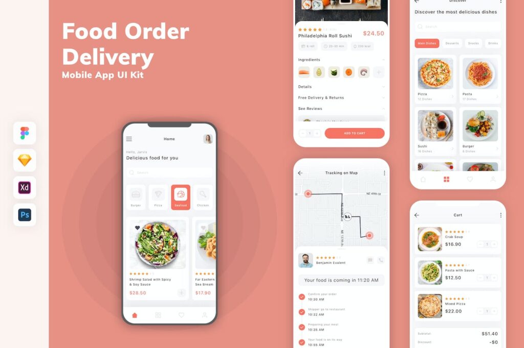 食品订购和配送移动应用APP UI KIT (SKETCH,FIG,XD,PSD)