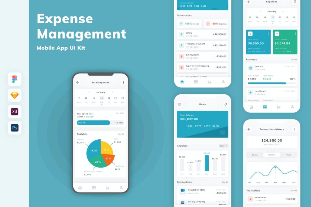 费用管理移动应用App UI Kit (FIG,PSD,SKETCH,XD)