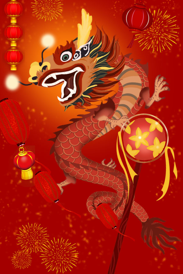 中国风2024龙年新年手绘创意风卡通春节喜庆插画模板PSD设计素材 (70)