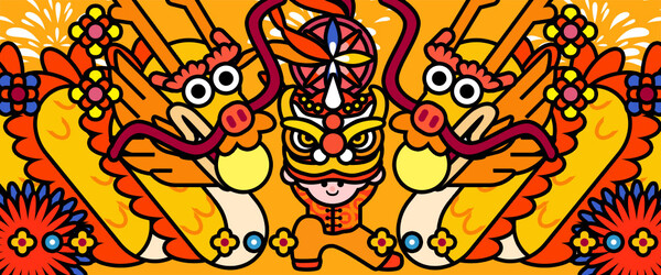2024龙年大吉新春元旦卡通手绘插画海报展板背景壁纸psd设计素材(81)